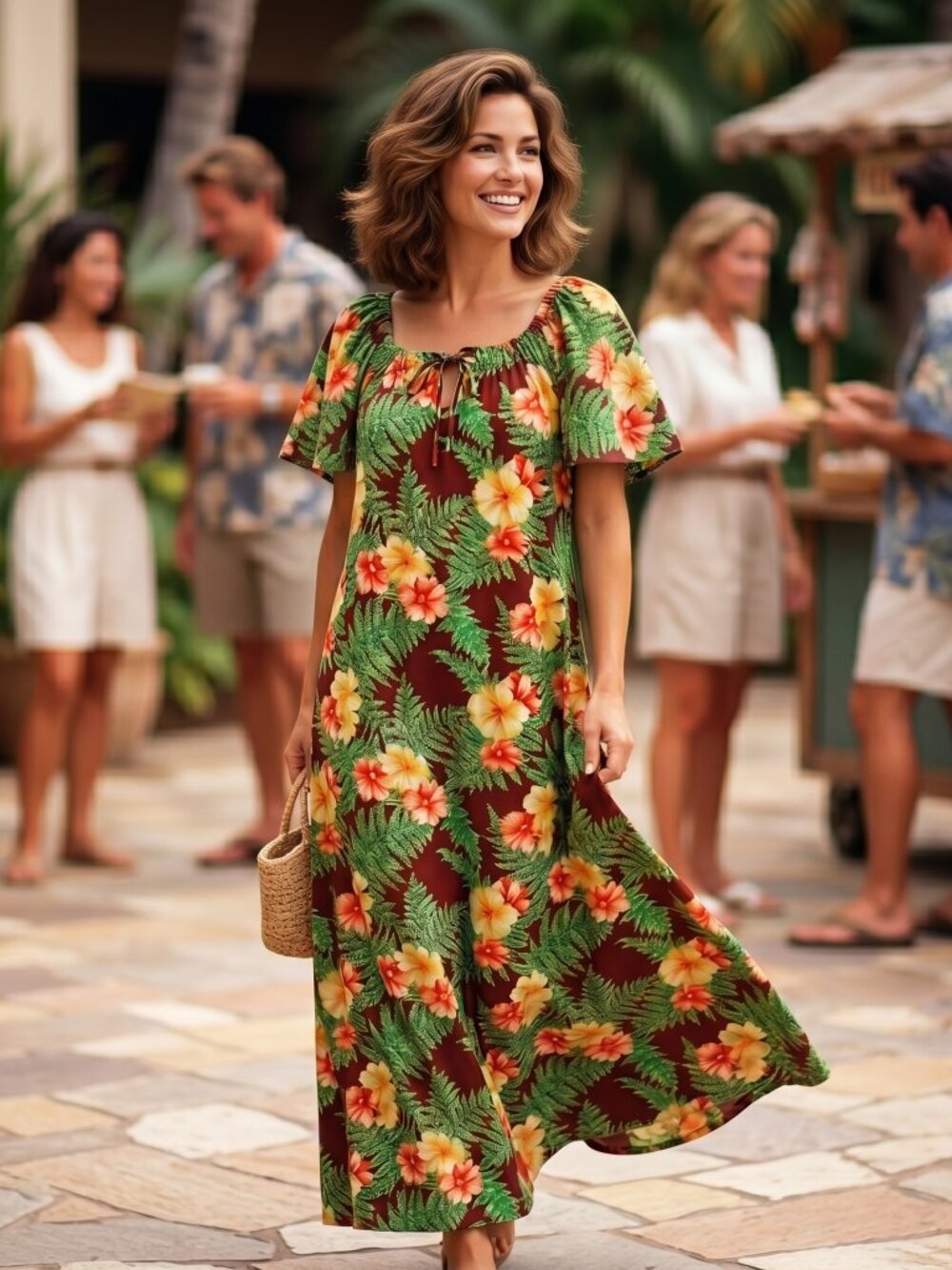 Hilo Hattie Women Medium Maxi Dress Brown Hibiscus Flutter Sleeve Iconic Boho